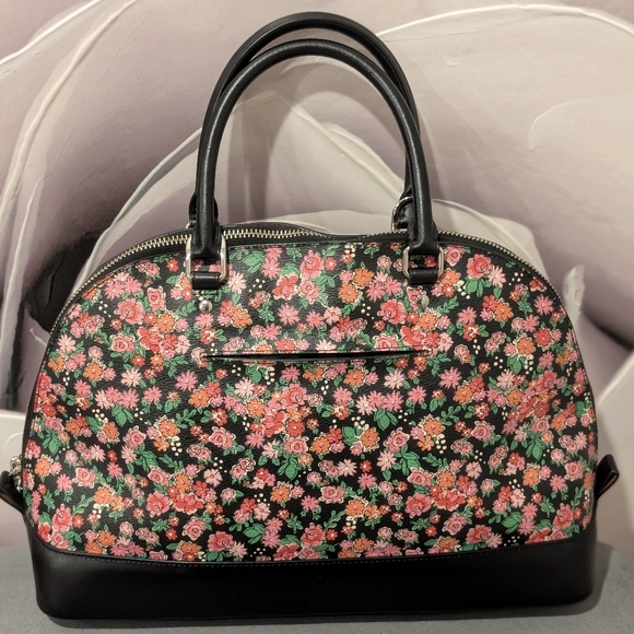 Coach Pink and Black Floral Leather & Canvas Satchel & Bonus Cherry Charm - Picture 3 of 16